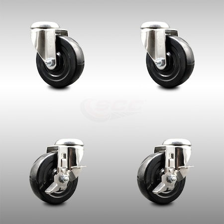 4 Inch 316SS Soft Rubber Wheel Swivel Bolt Hole Caster Brakes SCC, 2PK